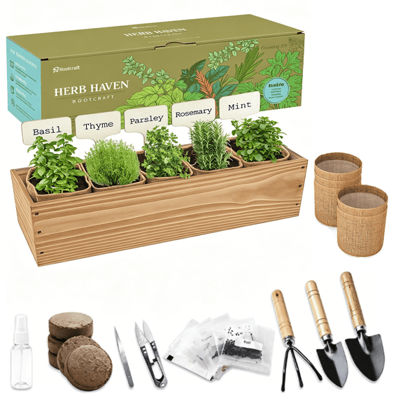 Indoor Herb Garden Planter Comes with Wooden Box and Starter Kit Featuring Five Herbs: Basil, Thyme, Parsley, Rosemary, and Mint. Thoughtful Gardening Gift for Women and Moms