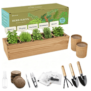 Indoor Herb Garden Planter with Wooden Box and Starter Kit Featuring Five Herbs Basil, Thyme, Parsley, Rosemary, and Mint. Thoughtful Gardening Gift for Women and Moms