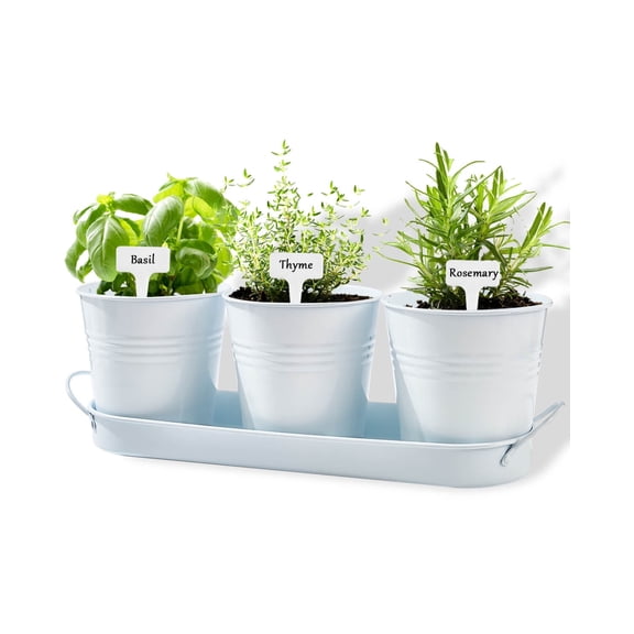 Indoor Herb Planter Set - Galvanized Windowsill Garden Pots with Tray & Drainage, Set of 3 Metal Window Planters for Kitchen & Outdoor Use, White