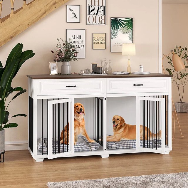 Indoor Home Living Room Bedroom Office Dog Crate Kennel with 2 Drawers