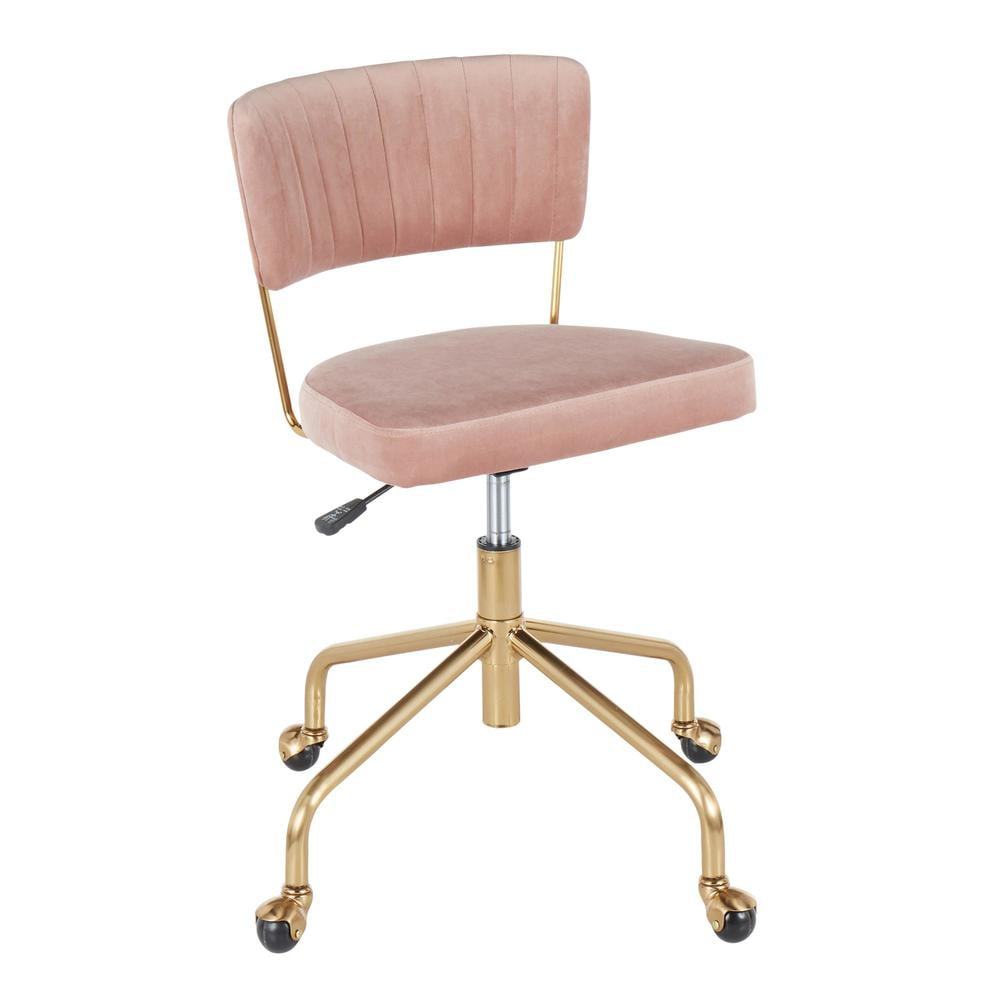 Contemporary Pink Velvet Swivel Task Chair with Gold Metal Base