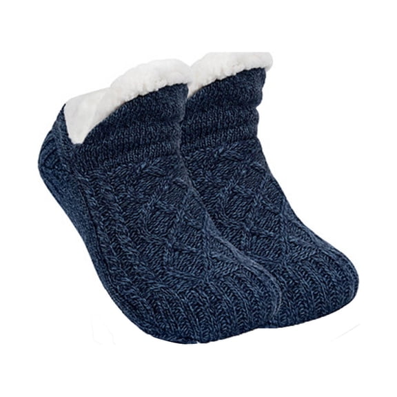 Indoor House Socks Women Winter Fleece Lined Non-Slip Warm Gripper Socks with Rubber Dots for Comfort Size L Navy