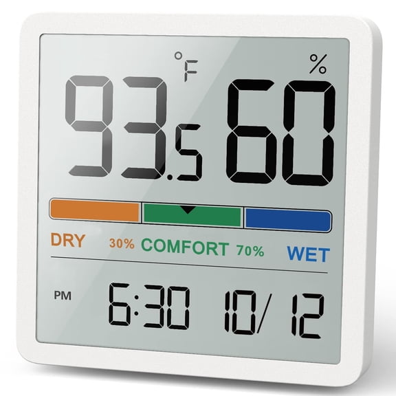 Indoor Hygrometer Thermometer - Digital Temperature & Humidity Monitor with Calibration, Clear LCD Display & Clock, Accurate Room Gauge for Home, Baby Room, Office (White)