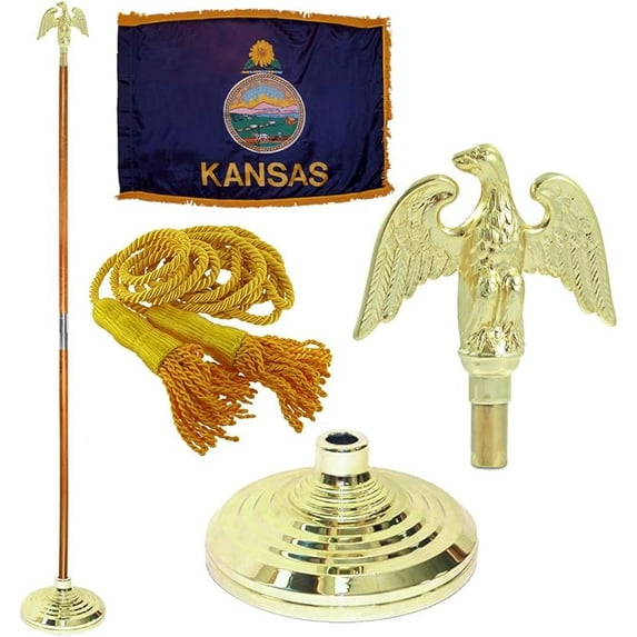 Indoor Kansas State Flag Kit - 8ft Pole - Metal Eagle