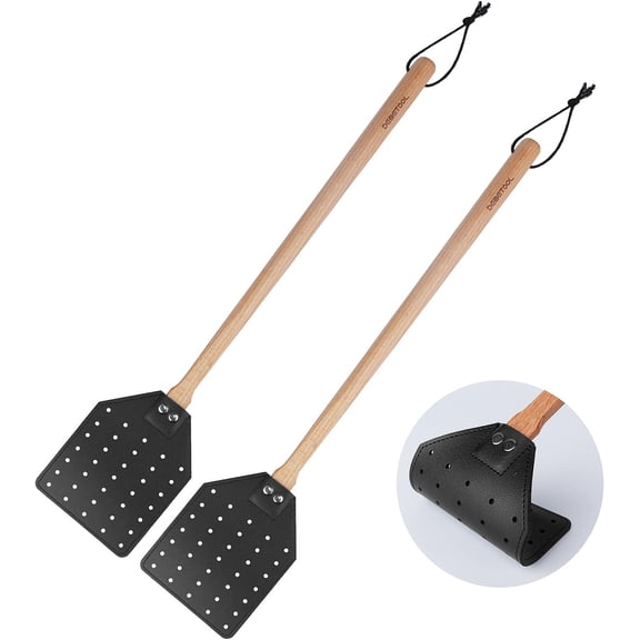 Indoor Leather Fly Swatter - 2 Pack Long Handle Heavy Duty Fly Swatter with Hanging Rope, Wood Fly Swatter Manual for Kitchen/Home Indoor and Outdoor Flies