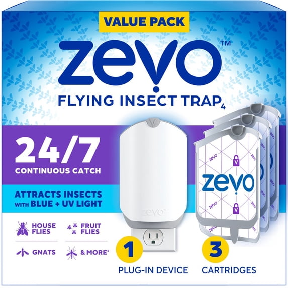 Indoor Light Fly Trap Starter Kit, Catches House Flies, Fruit Flies, Gnats and More - 1 Trap + 3 Refills