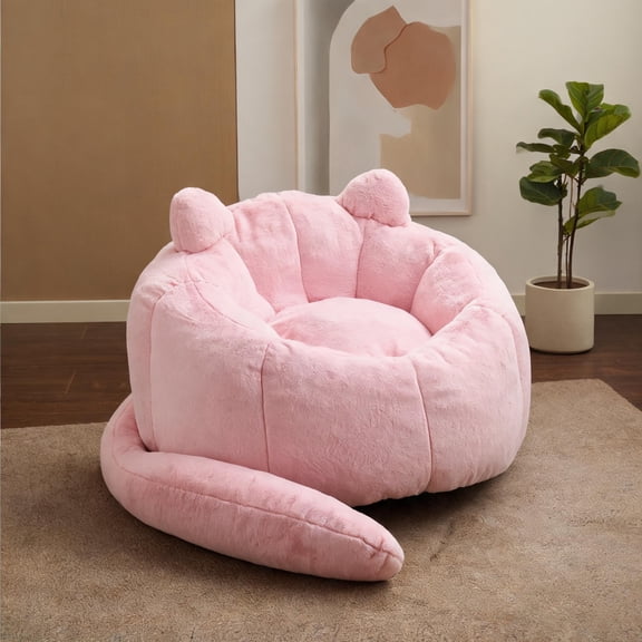 Indoor Lounging 2-Seat Large Cat-Shaped Modern Faux Fur Warm Pink Bean Bag Chair for Living Room Bedroom