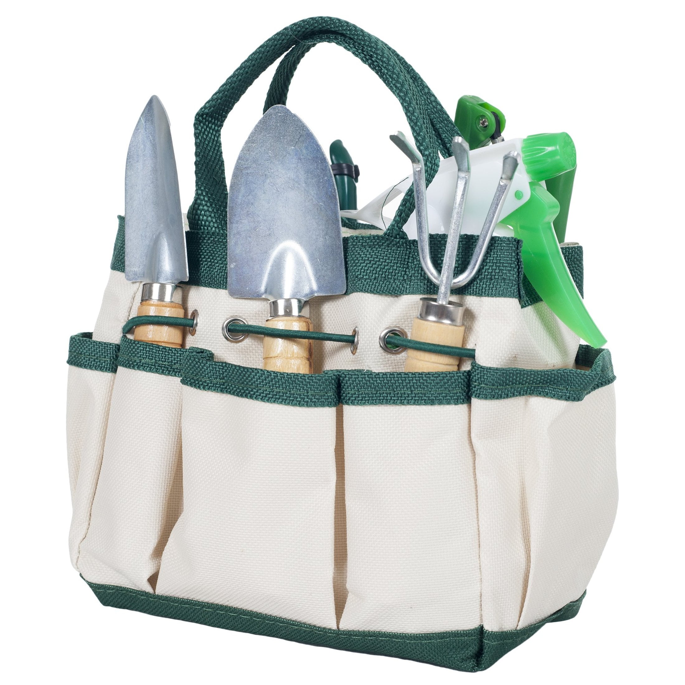 7-Piece Green and White Garden Tool Set with Tote Bag
