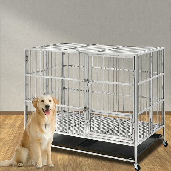 Indoor Medium Dog Crate, 43'' Heavy-Duty Stainless Steel Pet Dog Cage with 2 Locks, Pet Crate with Slide-Out Plastic Tray, Corrosion-Resistant Steel Kennel and Playpen with 4 Locking Casters, S8420