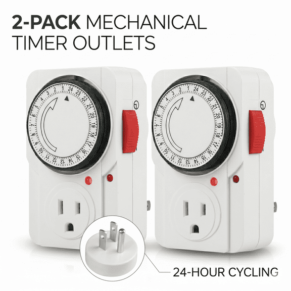 Indoor Mini 24-Hour Mechanical Outlet Timer, Timer Socket, 3- Prong, 2 Pack