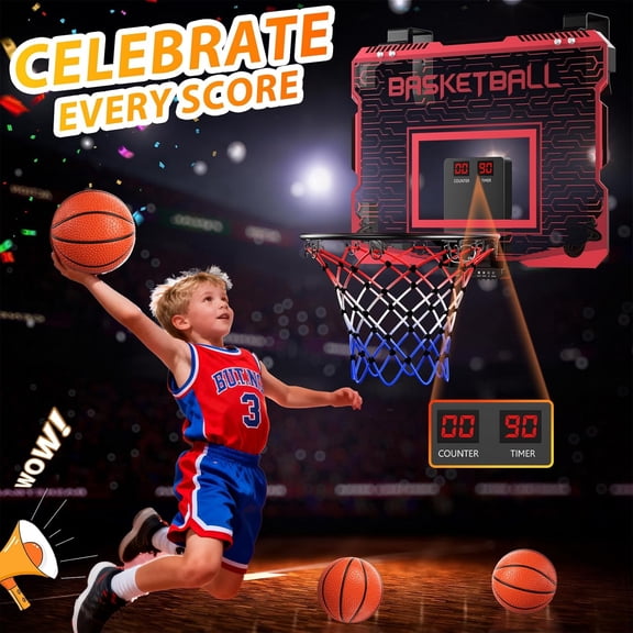 Indoor Mini Basketball Hoop for Kids - Over The Door Basketball Hoop with Cool LED Light/Sound Effect/Scoreboard/3 Balls, Sports Toys Birthday Gifts for 6 7 8 9 10 11 12 Year Old Boys Teens