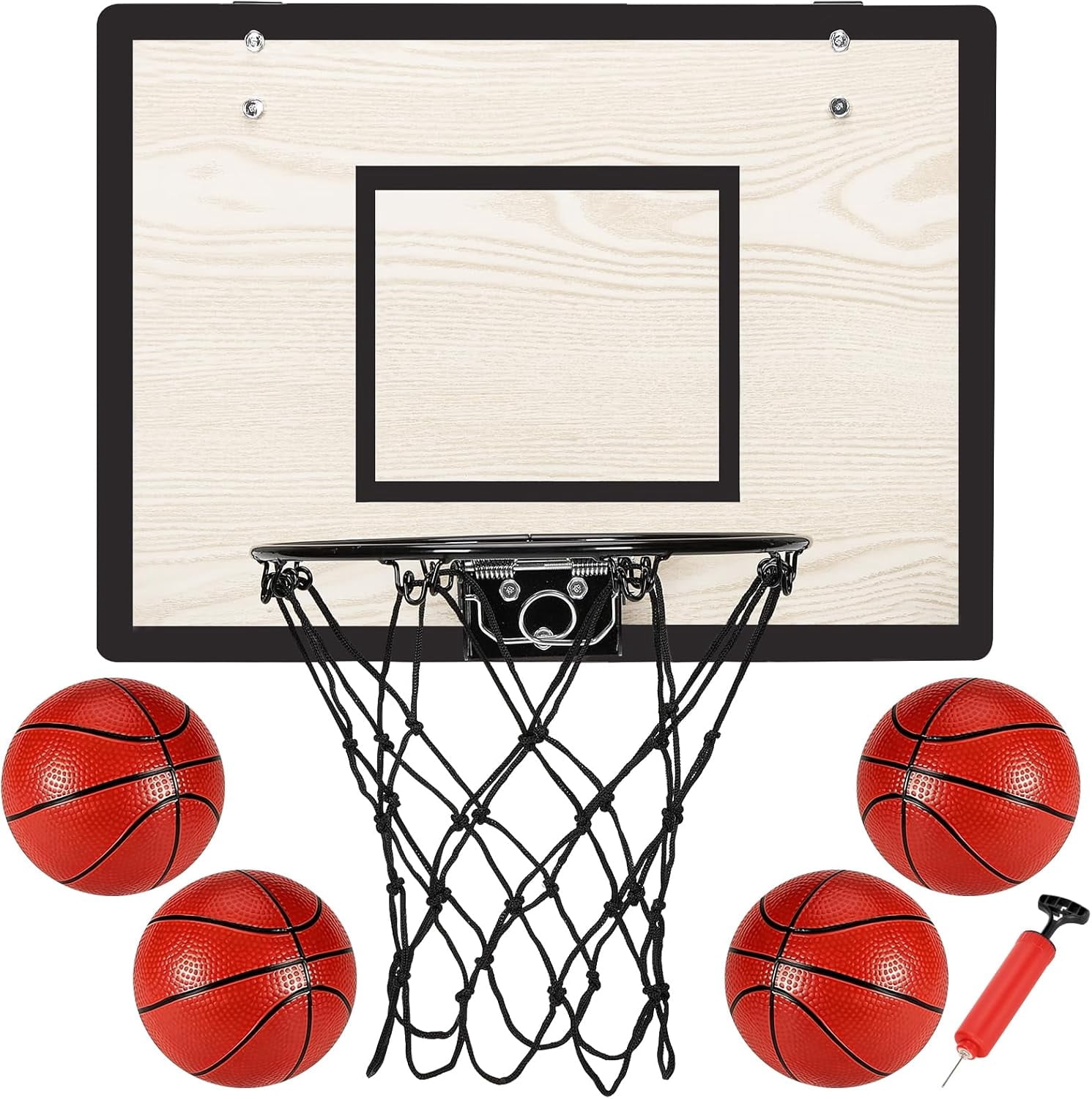 Indoor Mini Basketball Hoop Set for Kids Teens Adults, Wooden Over-The-Door Hoop with 4 Balls and Air Pump