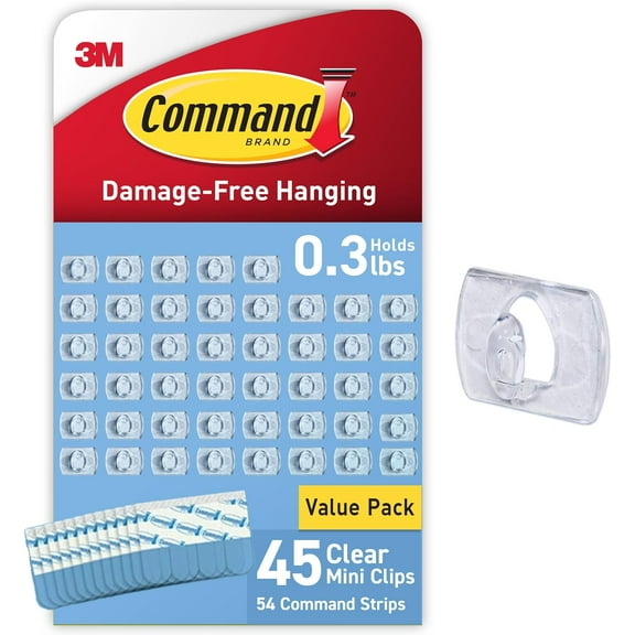 Indoor Mini Light Clips, 45 Clear Clips and 54 Strips, Damage Free Hanging Christmas Decorations, Wall Clips for Hanging Lights and Cable Management, Holds up to 0.3 lb