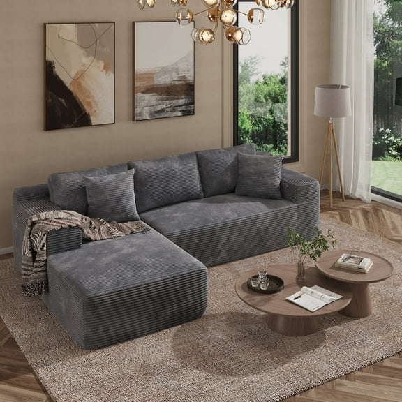 Indoor Modular Sectional Sofa with Reconfigurable Modules, Corduroy Upholstery, Vacuum Design, No-Assembly Design, Left Facing Chaise, Gray