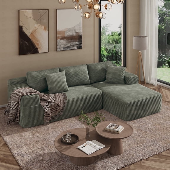Indoor Modular Sectional Sofa with Reconfigurable Modules, Corduroy Upholstery, Vacuum Design, No-Assembly Design, Right Facing Chaise, Green