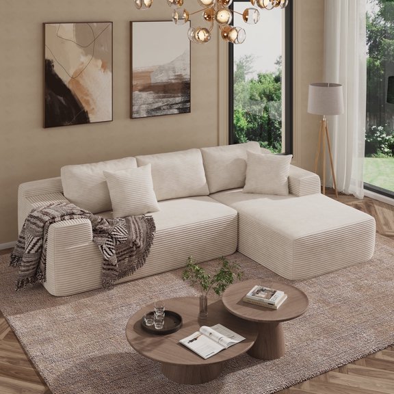 Indoor Modular Sectional Sofa with Reconfigurable Modules, Corduroy Upholstery, Vacuum Design, No-Assembly Design, Right Facing Chaise, White