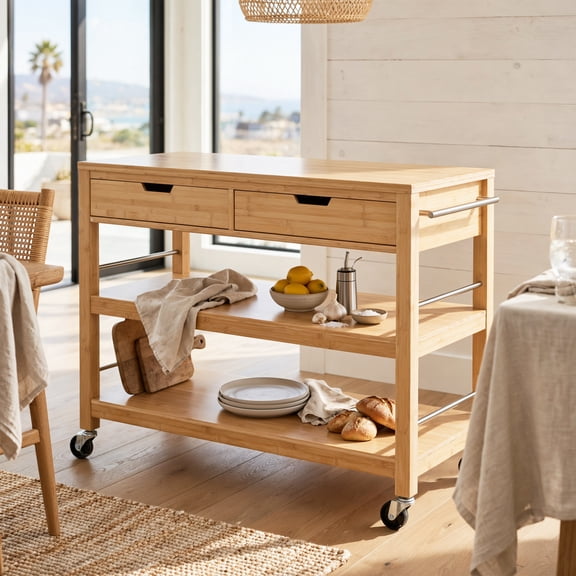 Indoor Multifunctional Natural Bamboo Bar, Stainless Steel, Rustic, for Kitchen