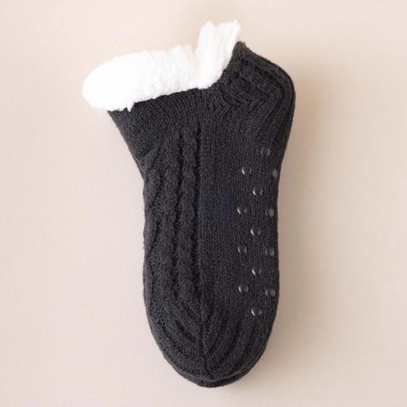 Indoor Non- Thermal Socks, -Lined Thick Warm Slipper Socks, V-Mouth Fluffy Winter Sherpa Slipper Socks Black