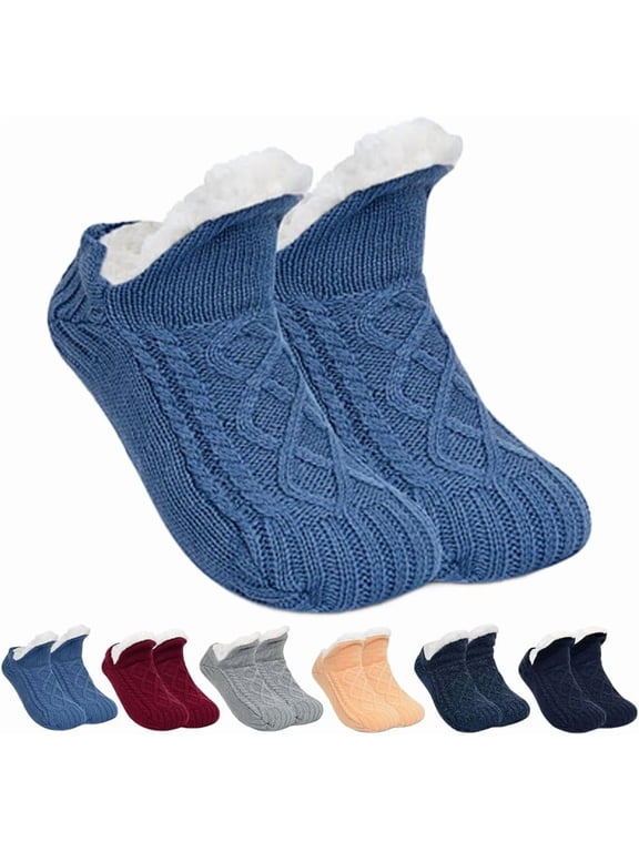 Indoor Non-Slip Thermal Socks for Women & Men, Fleece-Lined Thick Warm Slipper Socks with Grips, V-Mouth Fluffy Winter Indoor/Home Socks for Yoga, Lounge, Cold Weather