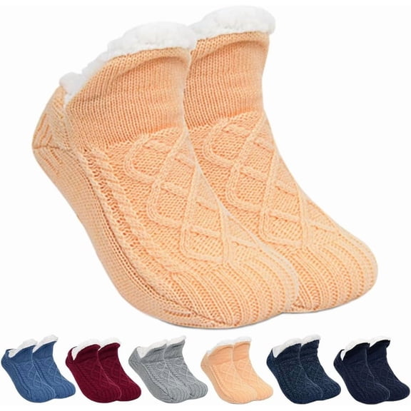 Indoor Non-Slip Thermal Socks for Women & Men, Fleece-Lined Thick Warm Slipper Socks with Grips, V-Mouth Fluffy Winter Indoor/Home Socks for Yoga, Lounge, Cold Weather