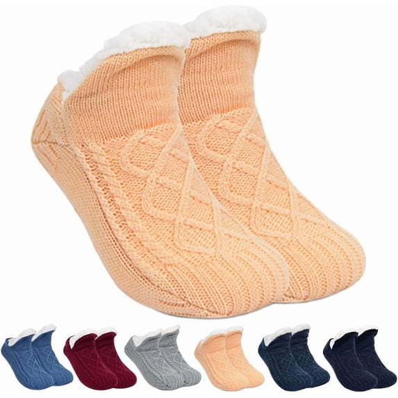 Indoor Non-Slip Thermal Socks for Women & Men, Fleece-Lined Thick Warm Slipper Socks with Grips, V-Mouth Fluffy Winter Indoor/Home Socks for Yoga, Lounge, Cold Weather