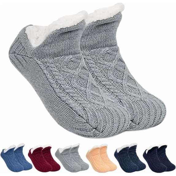Indoor Non-Slip Thermal Socks for Women & Men, Fleece-Lined Thick Warm Slipper Socks with Grips, V-Mouth Fluffy Winter Indoor/Home Socks for Yoga, Lounge, Cold Weather