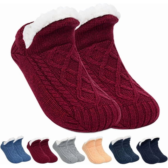 Indoor Non-Slip Thermal Socks for Women & Men, Fleece-Lined Thick Warm Slipper Socks with Grips, V-Mouth Fluffy Winter Indoor/Home Socks for Yoga, Lounge, Cold Weather