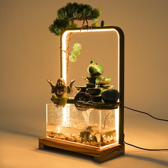 Indoor Ornament Tabletop Water Fountain with Glass Fish Tank Desktop Fountain Waterfall Elegant Fish Tank with LED Light Wooden Base