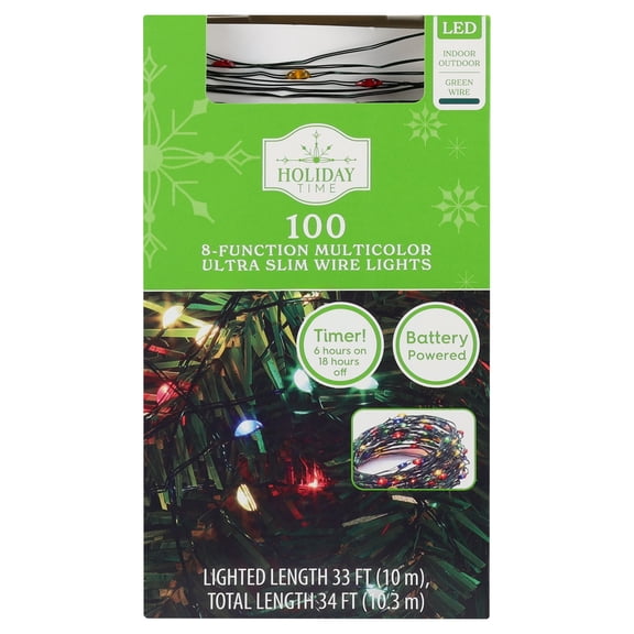 Indoor/Outdoor 100-Count Battery-Operated LED 8-Function Ultra Slim Wire Christmas String Lights, Multicolor, Green Wire, 33', by Holiday Time