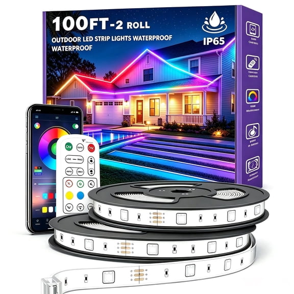Indoor/Outdoor 100FT Music Sync App Control Remote Color Changing Flexible LED Linear Strip Lights