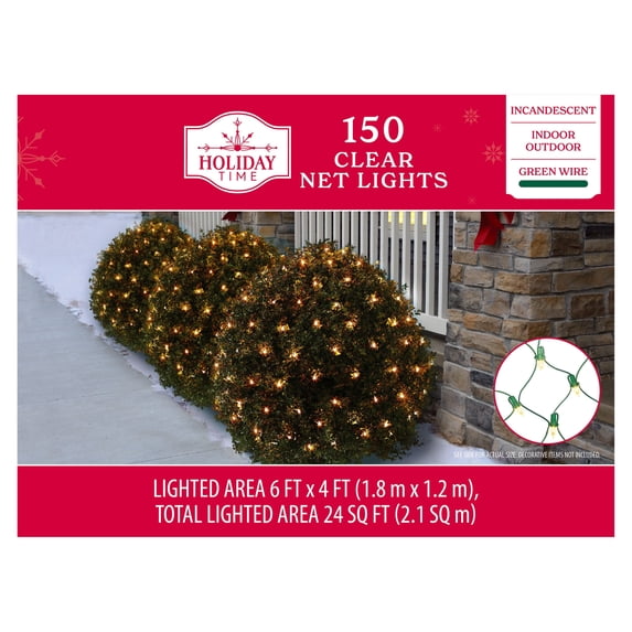 Indoor/Outdoor 150-Count Incandescent Christmas Net Lights, Clear, Green Wire, 6' x 4', by Holiday Time