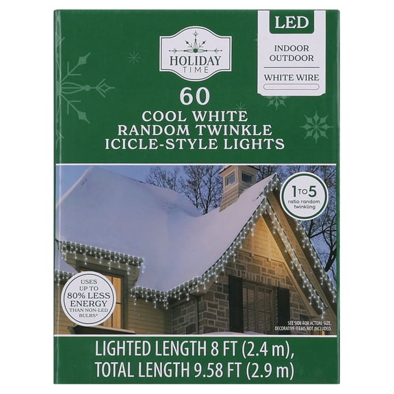 Indoor/Outdoor 200-Count LED Random Twinkle Christmas Icicle-Style Lights, Cool White, White Wire, 16.41', by Holiday Time