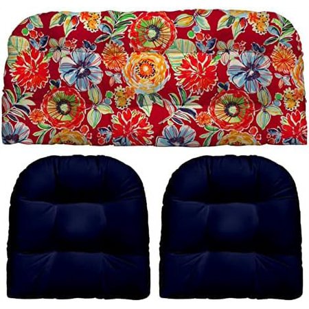 Indoor Outdoor 3 Piece Tufted Wicker Cushion Set, (Large, Colsen Berry   Navy Blue)