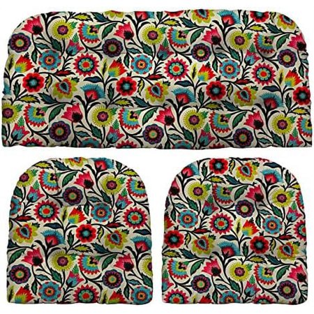Indoor Outdoor 3 Piece Tufted Wicker Cushion Set, (Large, Fiesta Floral Desert Flower)