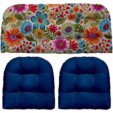 Indoor Outdoor 3 Piece Tufted Wicker Cushion Set, (Large, Gregoire Fresco   Blue)