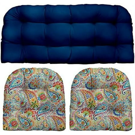Indoor Outdoor 3 Piece Tufted Wicker Cushion Set, (Large, Navy Blue   Thin Line Paisley)