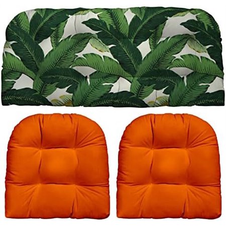 Indoor Outdoor 3 Piece Tufted Wicker Cushion Set, (Large, Swaying Palms Aloe Green   Orange)