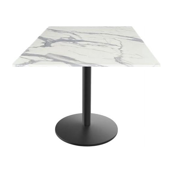 Indoor/Outdoor 30" Tall OD214 Black Table Base with 22" Diameter foot and 32" x 32" Square Indoor/Outdoor White Marble Top by the Holland Bar Stool Co.