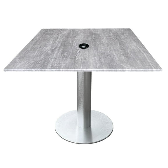Indoor/Outdoor 30" Tall OD219 Brushed Aluminum Table Base with 18" Diameter Foot and 36" x 36" Square Indoor/Outdoor Greystone Top with Umbrella Hole