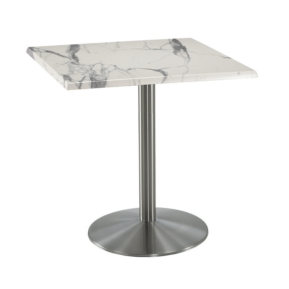 Indoor/Outdoor 36" Tall OD214 Stainless Steel Table Base with 22" Diameter Foot and 30" x 30" Square Indoor/Outdoor White Marble Top by the Holland Bar Stool Co.