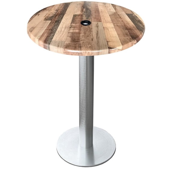 Indoor/Outdoor 36" Tall OD219 Brushed Aluminum Table Base with 18" Diameter Foot and 36" Diameter Indoor/Outdoor Rustic Top with Umbrella Hole