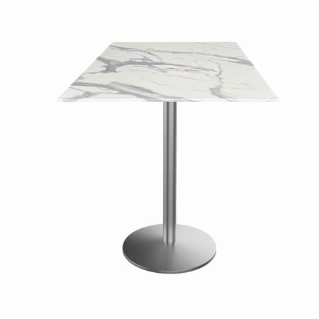 Indoor/Outdoor 42" Tall OD214 Stainless Steel Table Base with 22" Diameter foot and 32" x 32" Square Indoor/Outdoor White Marble Top by the Holland Bar Stool Co.