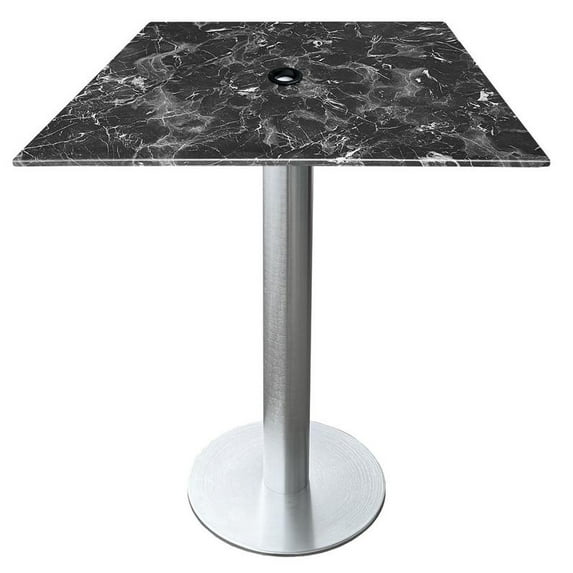 Indoor/Outdoor 42" Tall OD219 Brushed Aluminum Table Base with 18" Diameter Foot and 36" x 36" Square Indoor/Outdoor Black Marble Top with Umbrella Hole