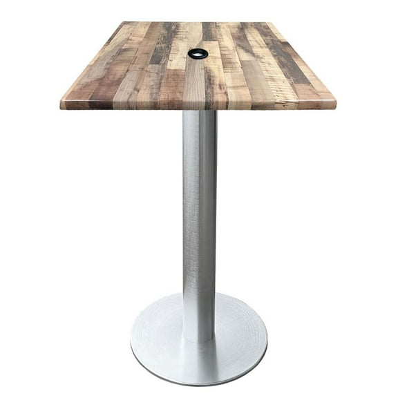 Indoor/Outdoor 42" Tall OD219 Brushed Aluminum Table Base with 18" Diameter Foot and 36" x 36" Square Indoor/Outdoor Rustic Top with Umbrella Hole