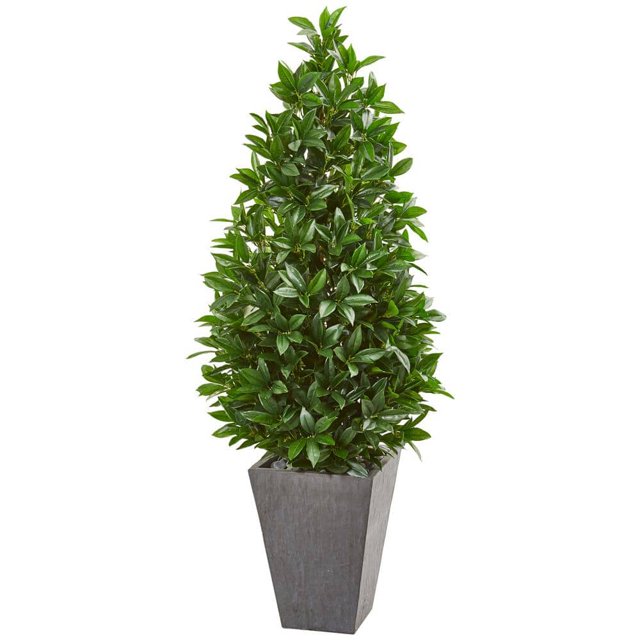 Indoor/Outdoor 57in. Artificial Bay Leaf Cone Topiary Tree in Slate