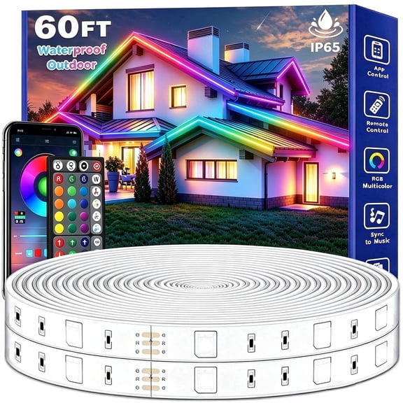 Indoor/Outdoor 60Ft Music Sync App Control Remote Color Changing Flexible Linear LED Strip Lights