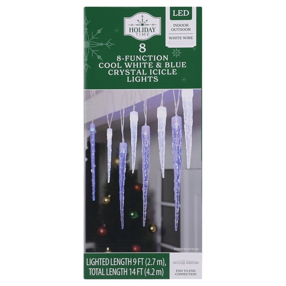 Indoor/Outdoor 8-Count LED 8-Function Crystal Christmas Icicle Lights, Cool White and Blue, White Wire, 9', by Holiday Time