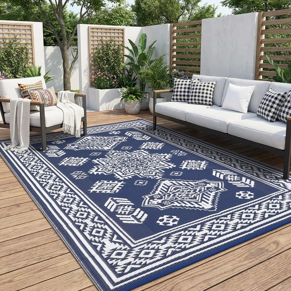 Indoor Outdoor Area Rug 9x18 Waterproof Reversible Plastic Straw Patio Rug Carpet, Stain-Resistant & Easy to Clean, RV Camping Mat for Deck, Balcony, Backyard, Dark Blue and White