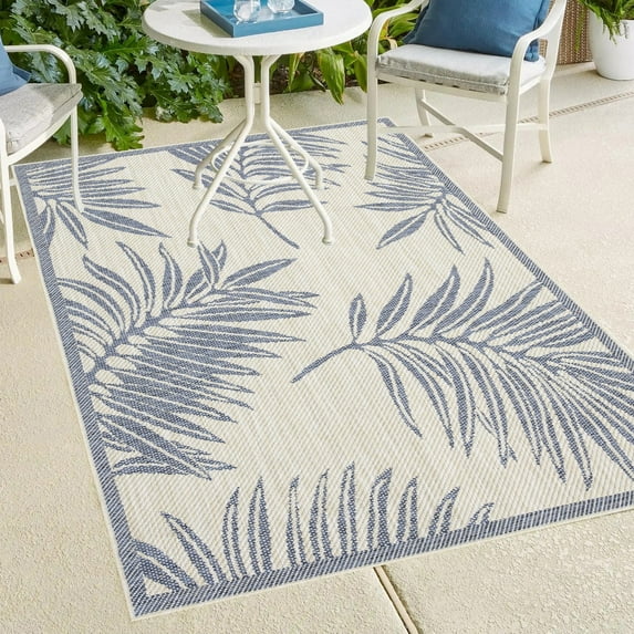 Indoor/Outdoor Area Rug/ Runner/ Doormat- Black&Gray & Ivory&Blue&Natural&Black & Red & Taupe Ivory&Green Color -Machine Washable, Weather and UV Resistant-Liana Ivory & Blue 5' x 8'