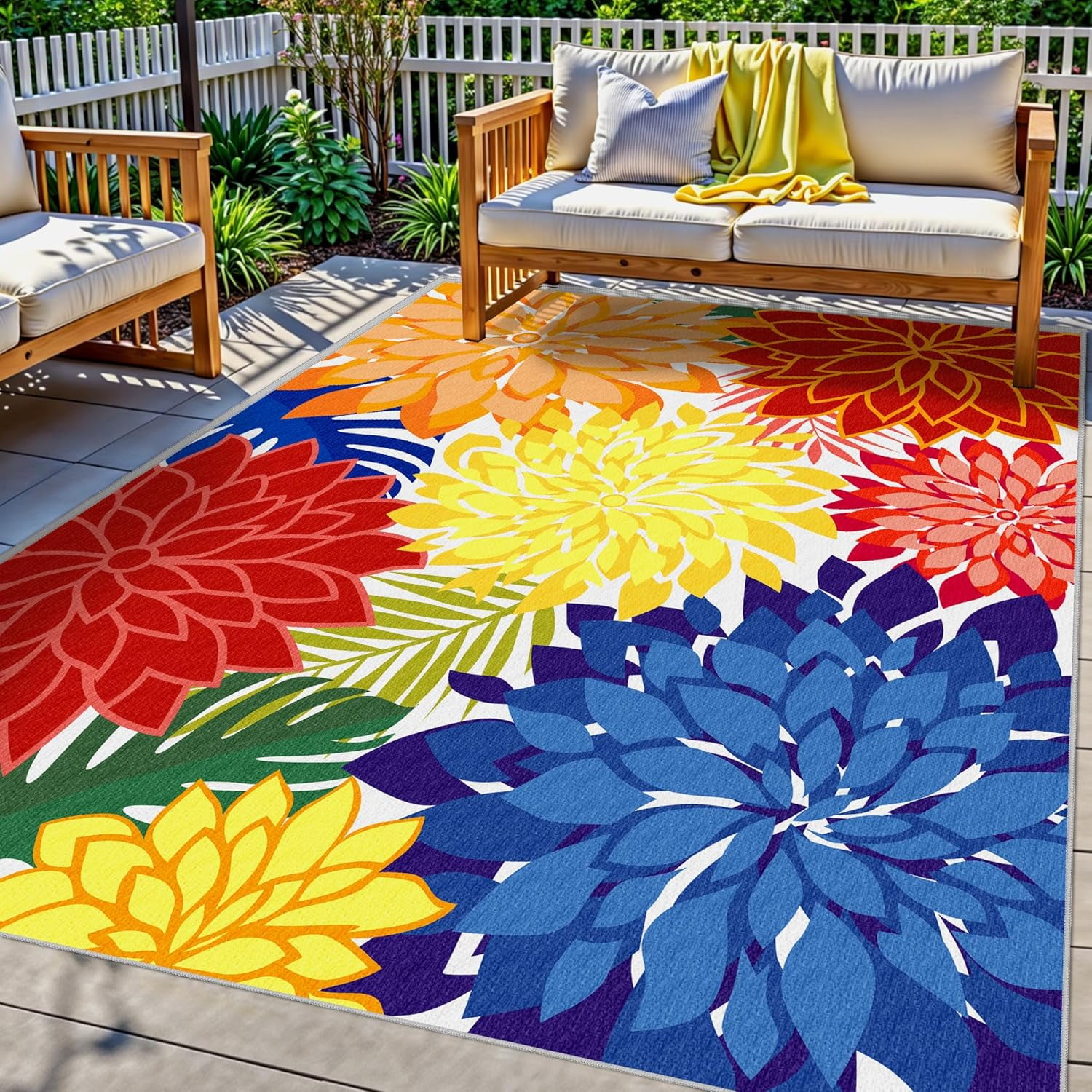 Indoor Outdoor Area-Rug Washable Multicolored Patio Rug Tropical Botanical Modern Floral Indoor Outdoor Carpet Non-Slip For Patio, Deck, Backyard, Porch 5x6ft